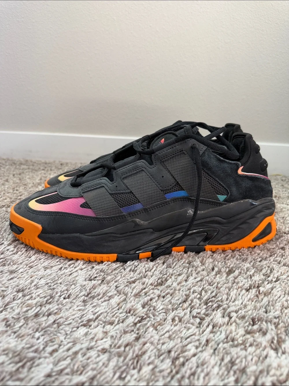 adidas MENS Black Sneakers with Pink and Orange Gradient Accents